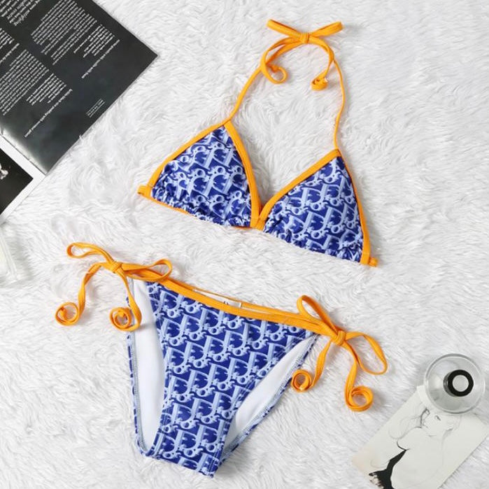 Navy Print Bikini With Orange Strapping